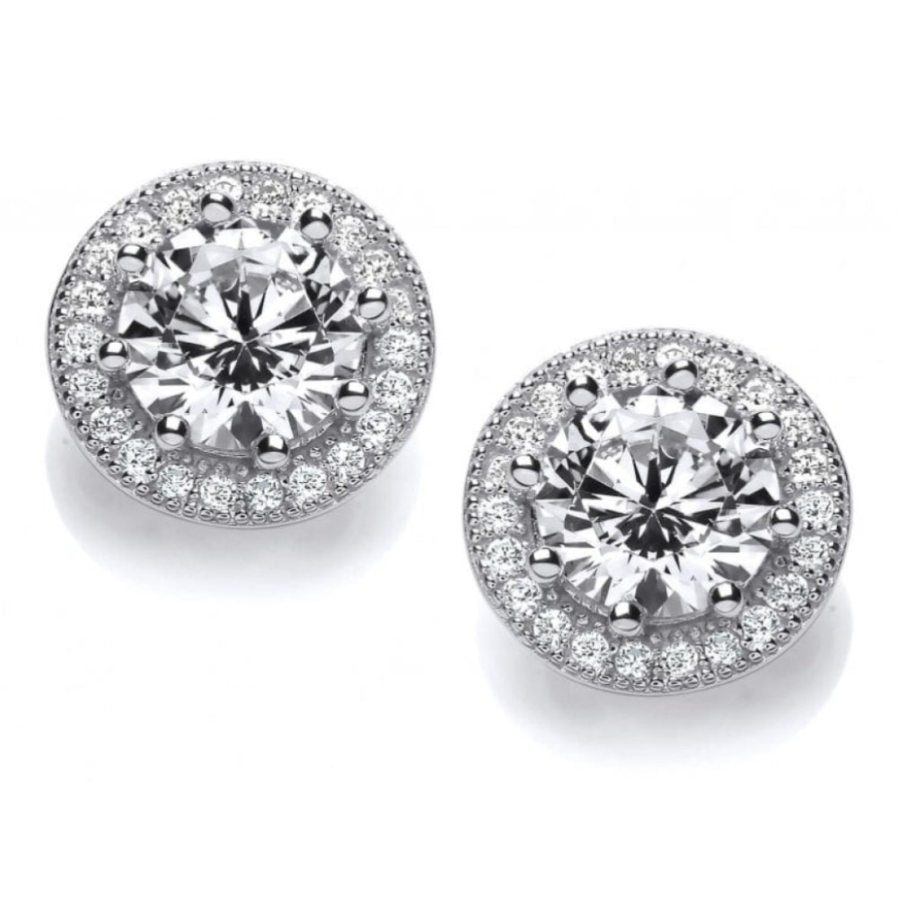 Silver High Mounted CZ Round Earrings