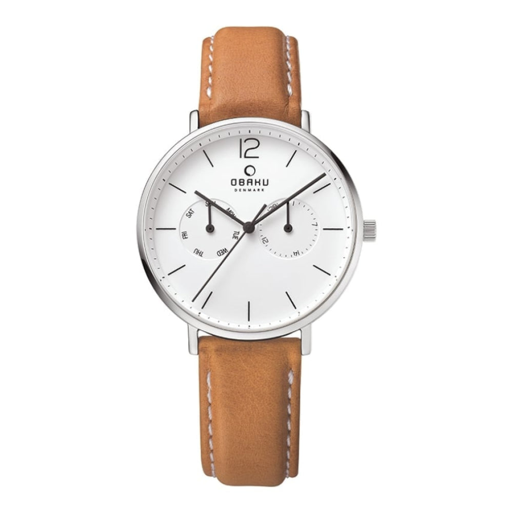 FLOD - COGNAC Stainless Steel Leather Calf Day/Date Display Watch