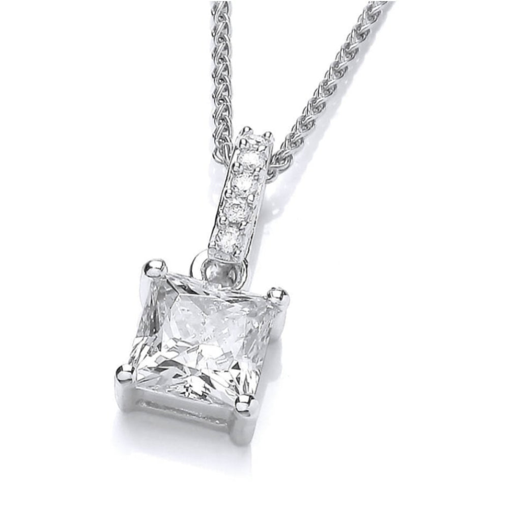 Square Crystal Pendant With Long CZ Bail & Chain