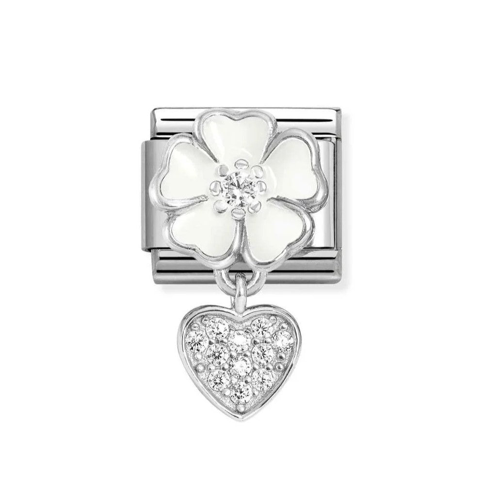 Classic White Flower With CZ Heart Pendant Charm In 925 Silver