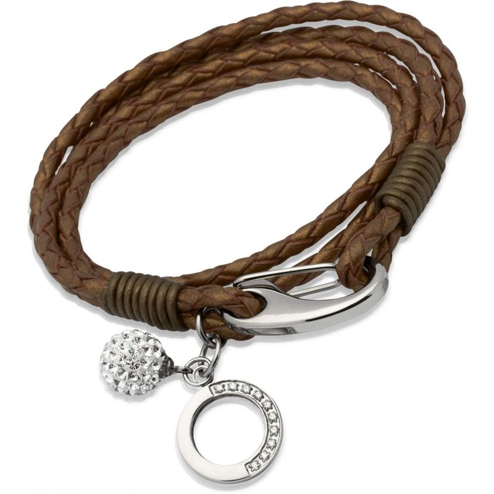 Bronze Leather Br. Steel Clasp-Charm Zirconia-Crystal Ball
