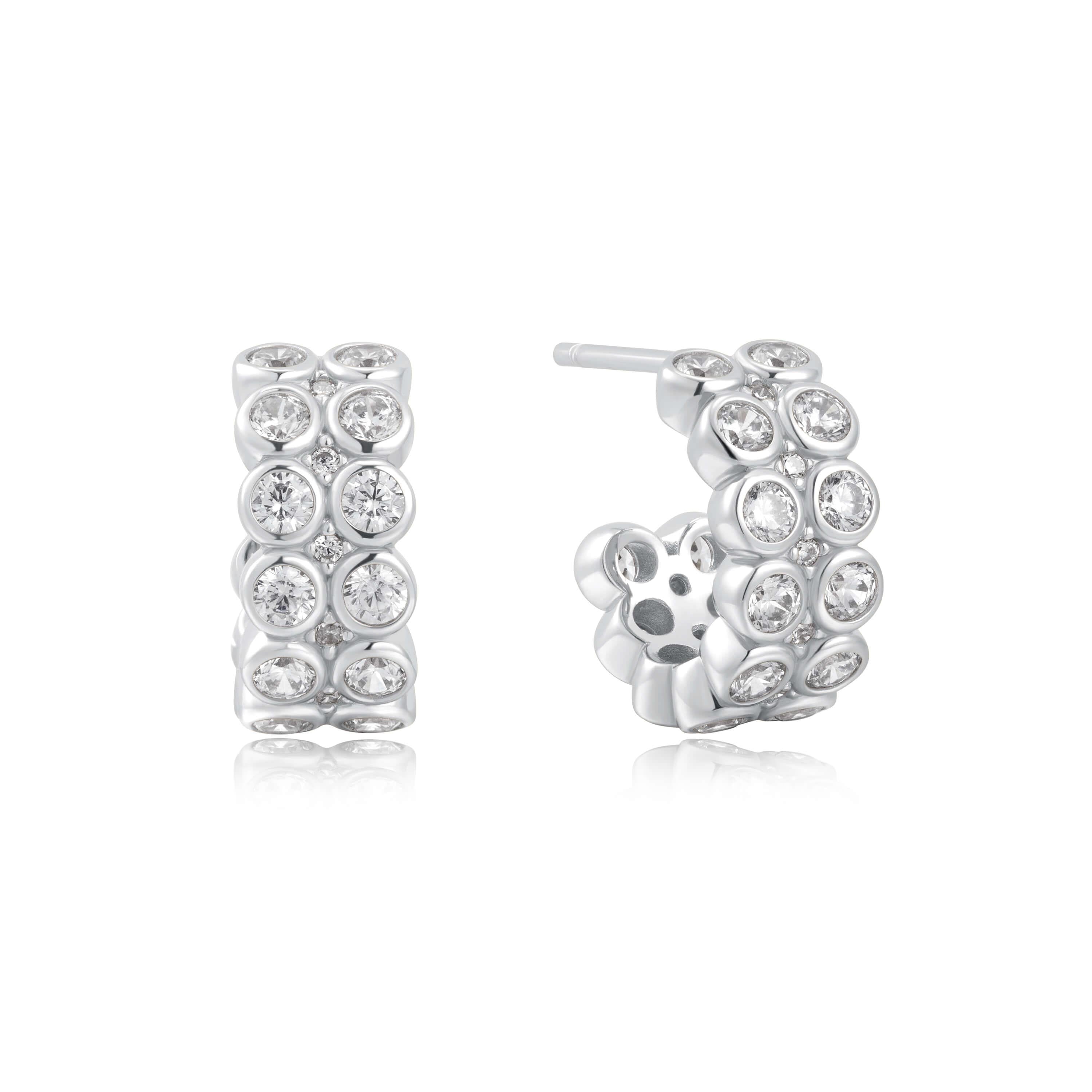 Silver Double Row White CZ Bezel Set Stud Huggies