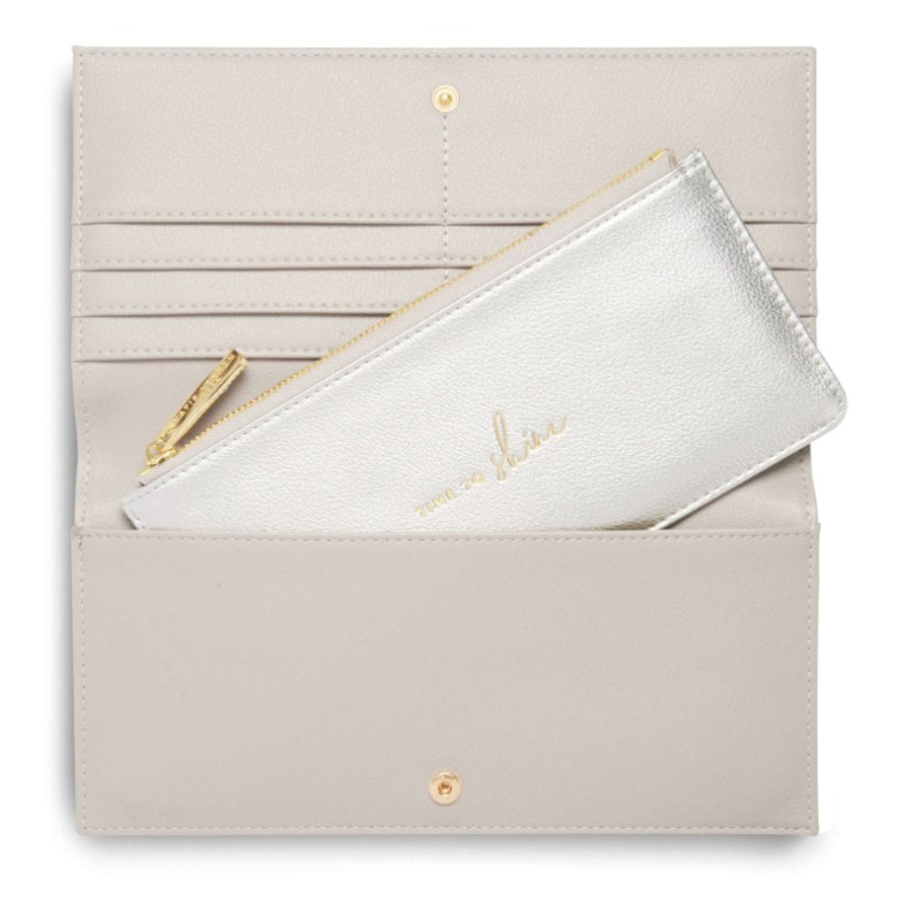 SECRET MESSAGE PURSE - TIME TO SHINE - Warm Grey with Metallic Silver - Outside purse:12x23cm - Inside purse: 10x22.5cm