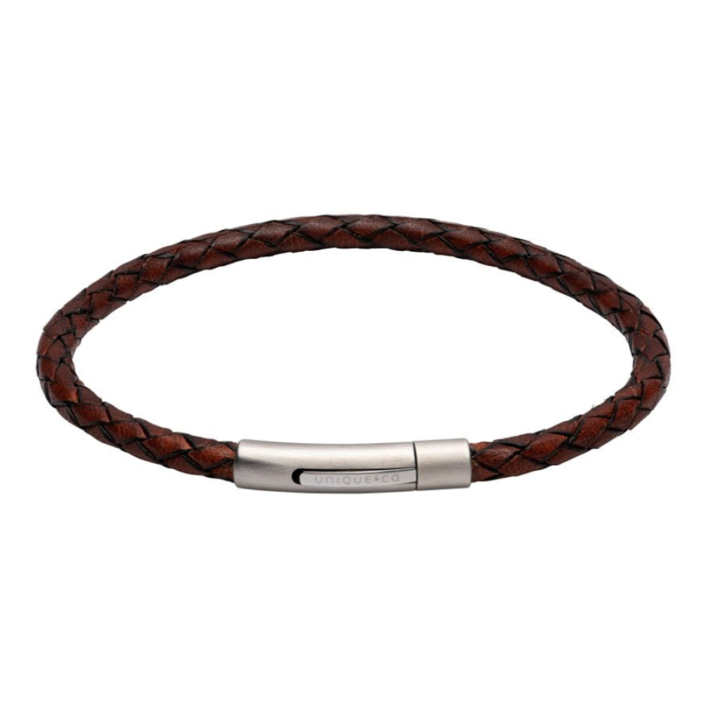 Antique Dark Brown Leather Bracelet BL Edge with Matte/Polished Steel Clasp