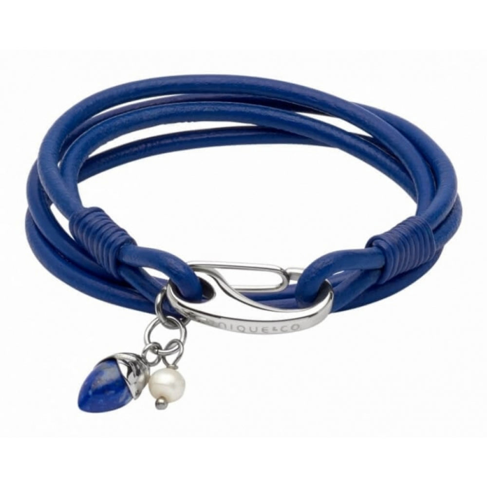 Royal Blue Leather Bracelet with Steel Clasp, Lapis Drop & Pearl Charms