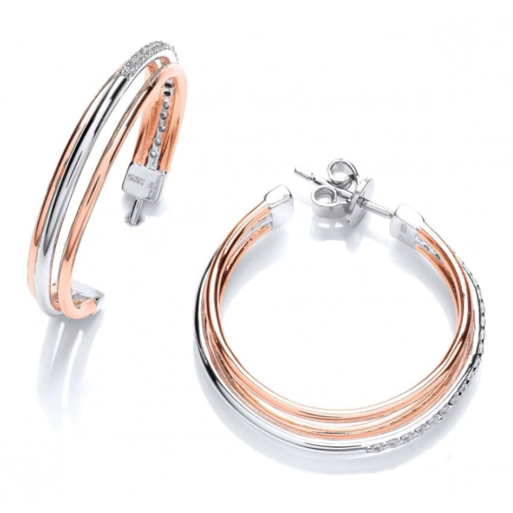 CZ And Rose Gold Triple Strand Hoop Earrings