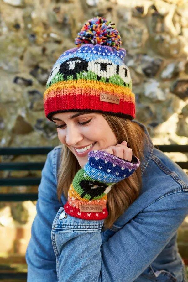 Black Sheep Roll Back Bobble Beanie Rainbow