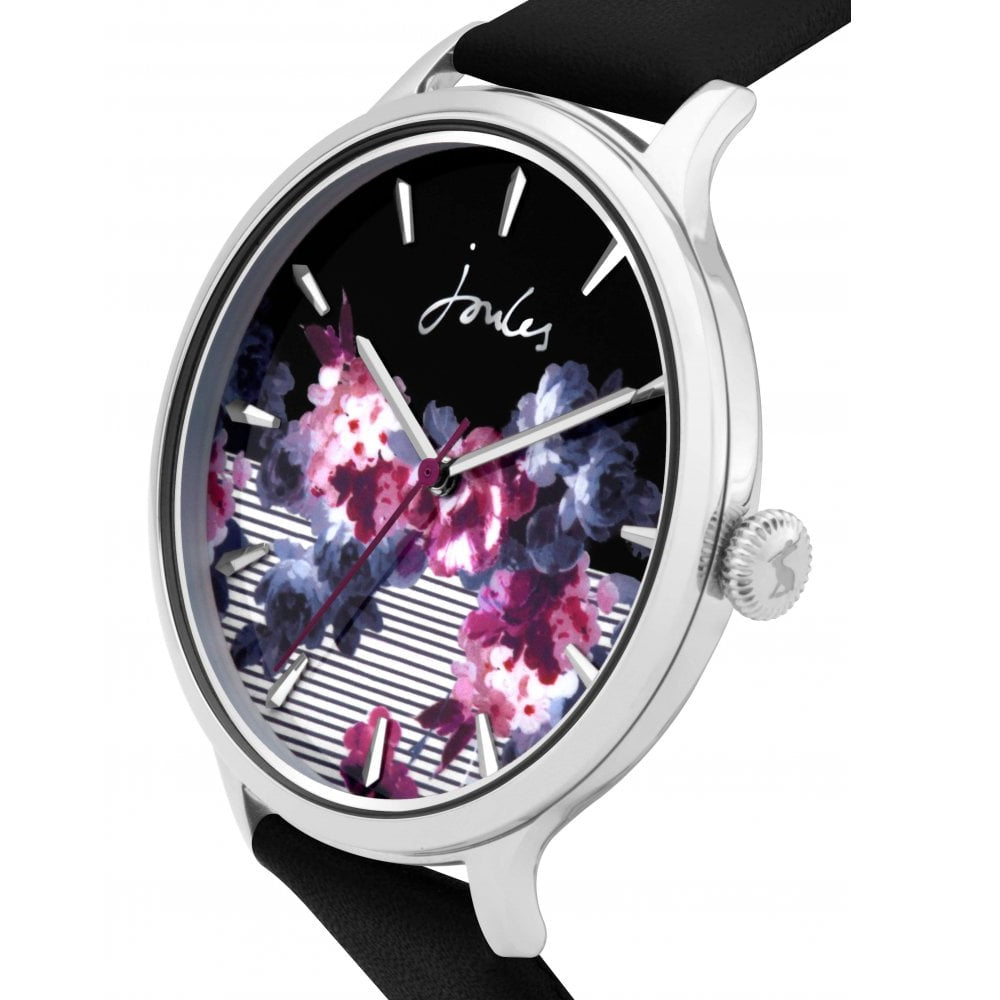 Black Leather Strap Black Floral Printed Dial Ladies Watch