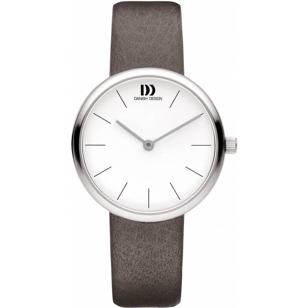Stainless Steel Dial & Dark Grey Leather Strap Ladies Wristwatch