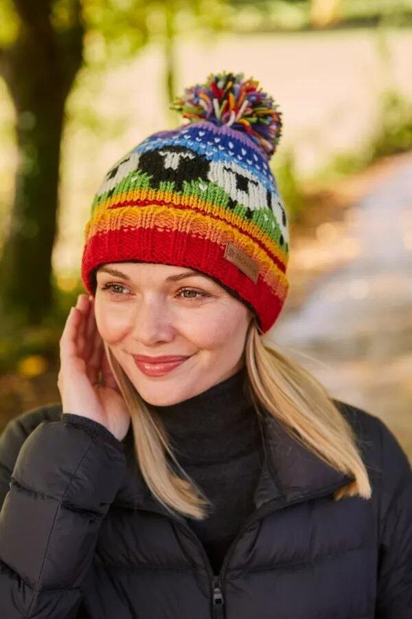 Black Sheep Roll Back Bobble Beanie Rainbow