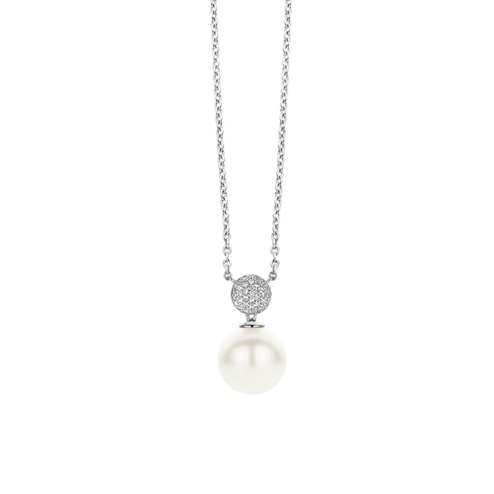 White Pearl With CZ Disc Pendant Necklace