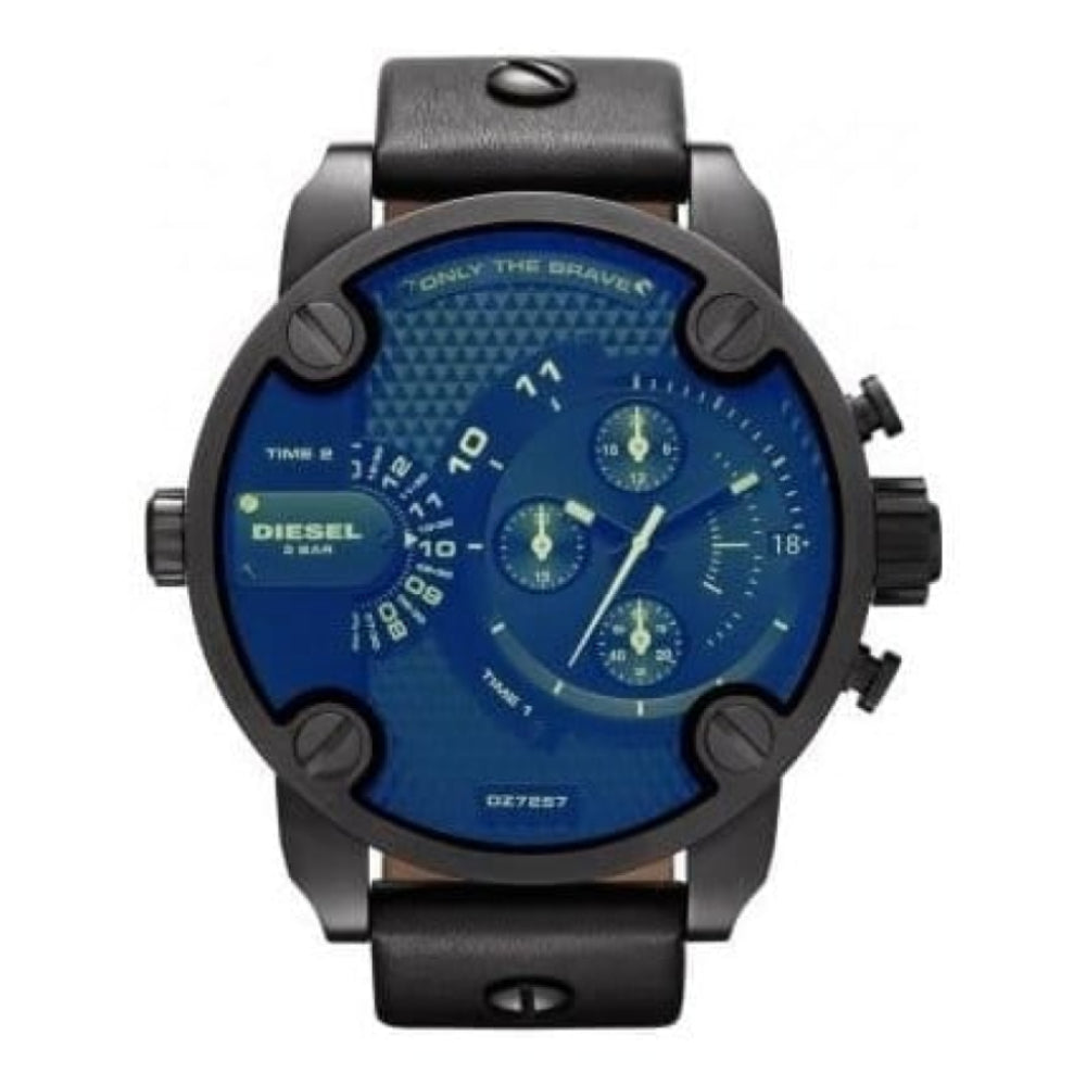 Gents Large Dual Time Blue Dial & Black Leather Watch