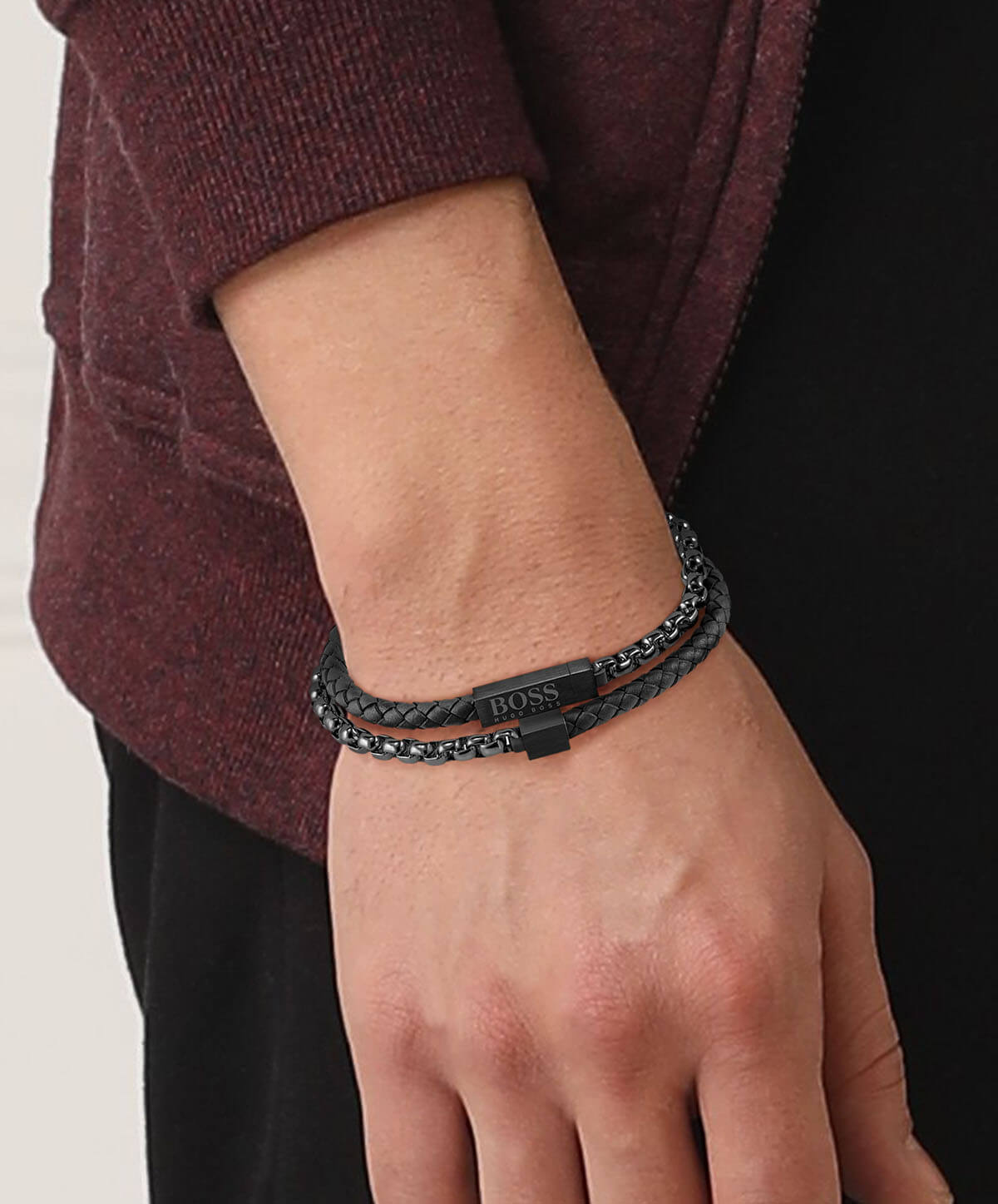 Blended Ionic Black Plated & Leather Gents Bracelet