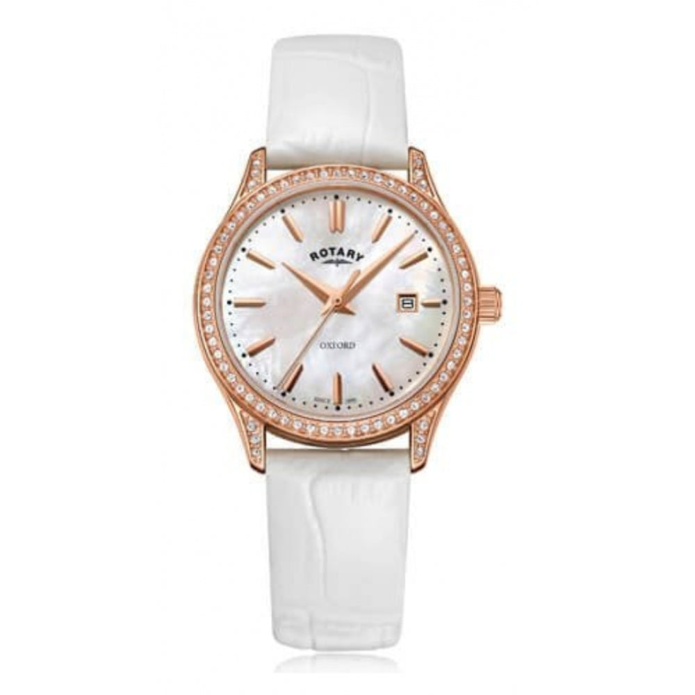 Rose Gold Tone Case With Stones Around White Dial & White Leather Strap Ladies Oxford Watch