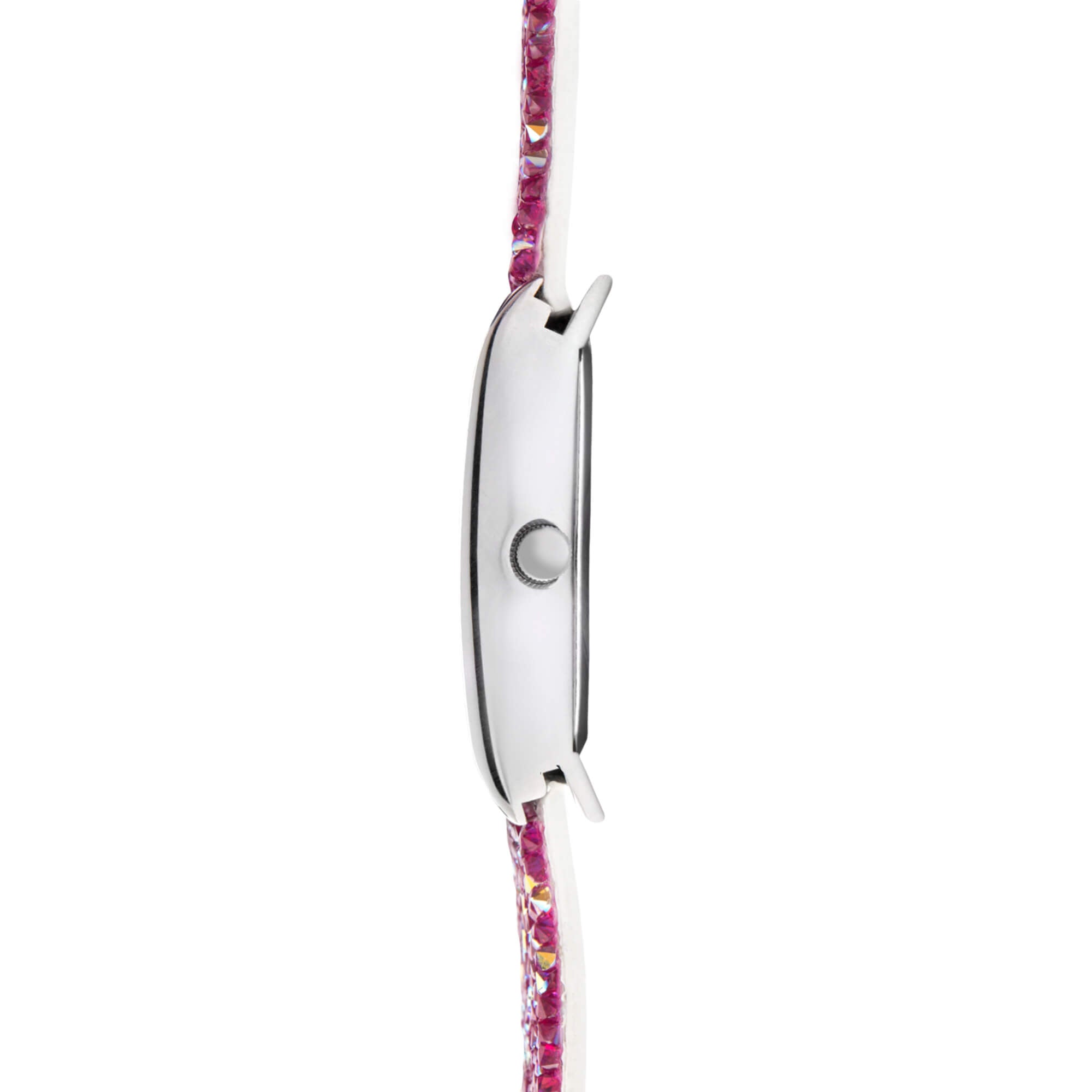 Chrome Coloured Case With Pink Stone Set Dial & Pink Crystals Strap Ladies Watch