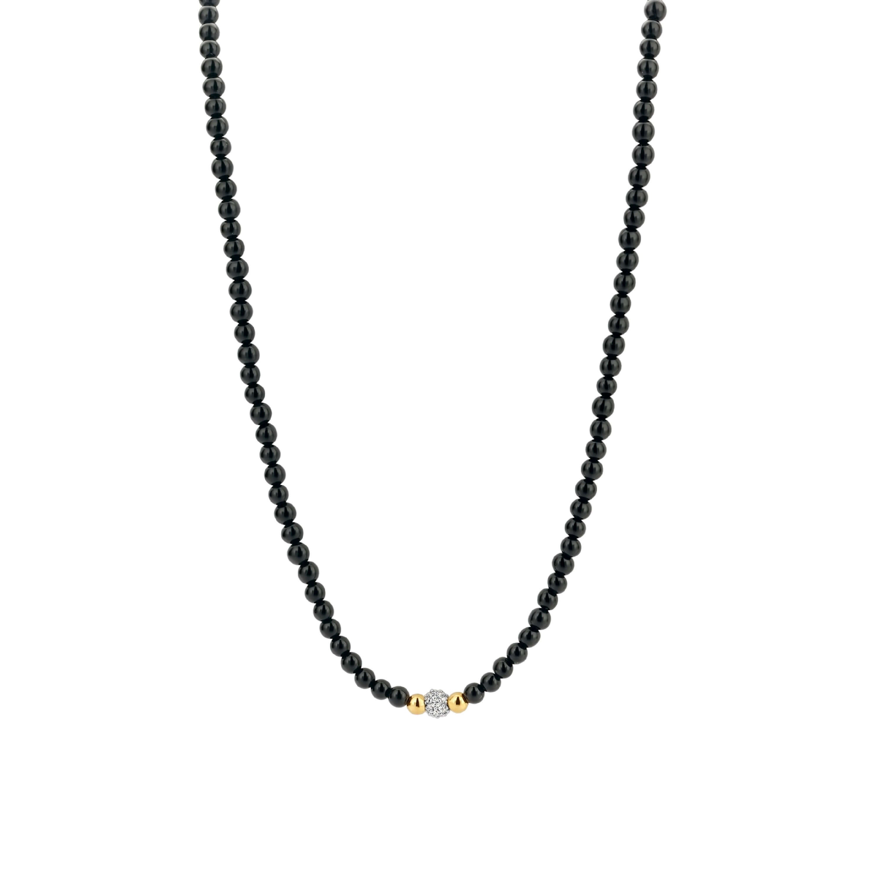 Black Onyx Stones With CZ & Gold Tone Beads Necklace