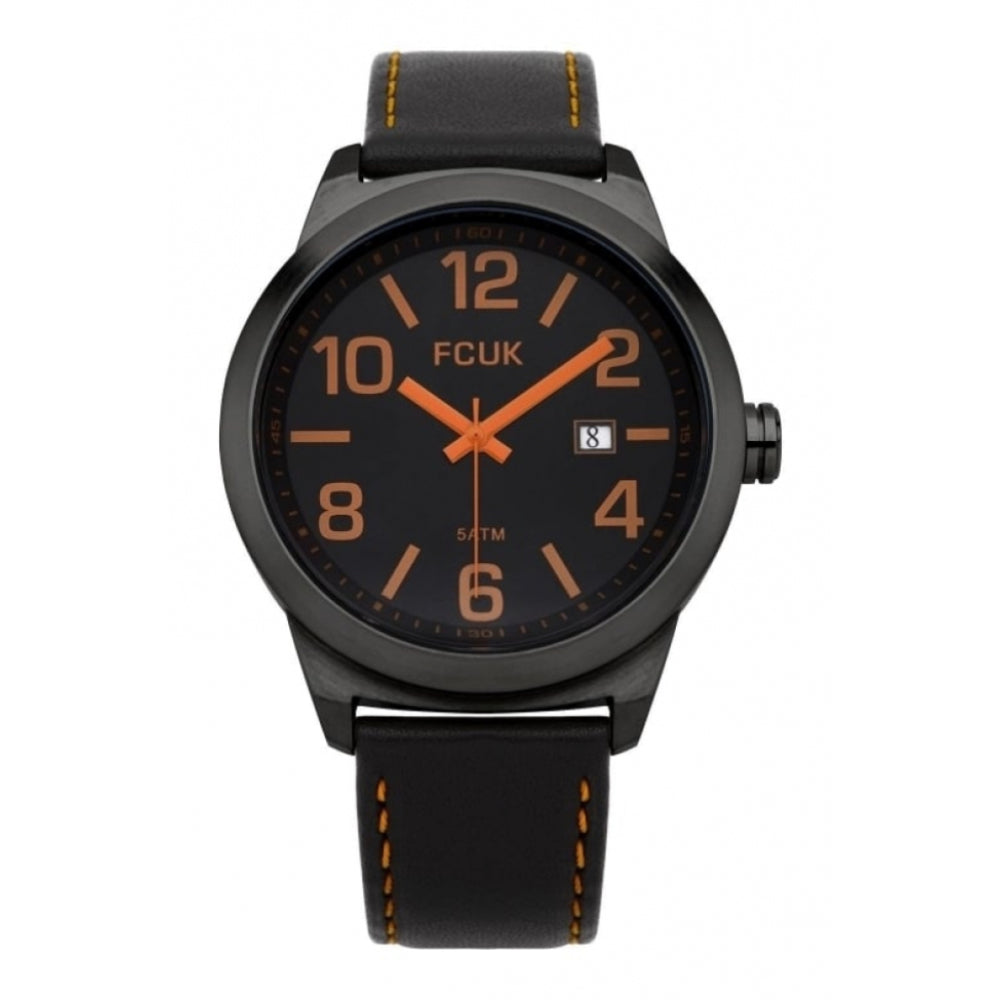 Men's Quartz Watch With Black Leather Strap And Orange Stitching