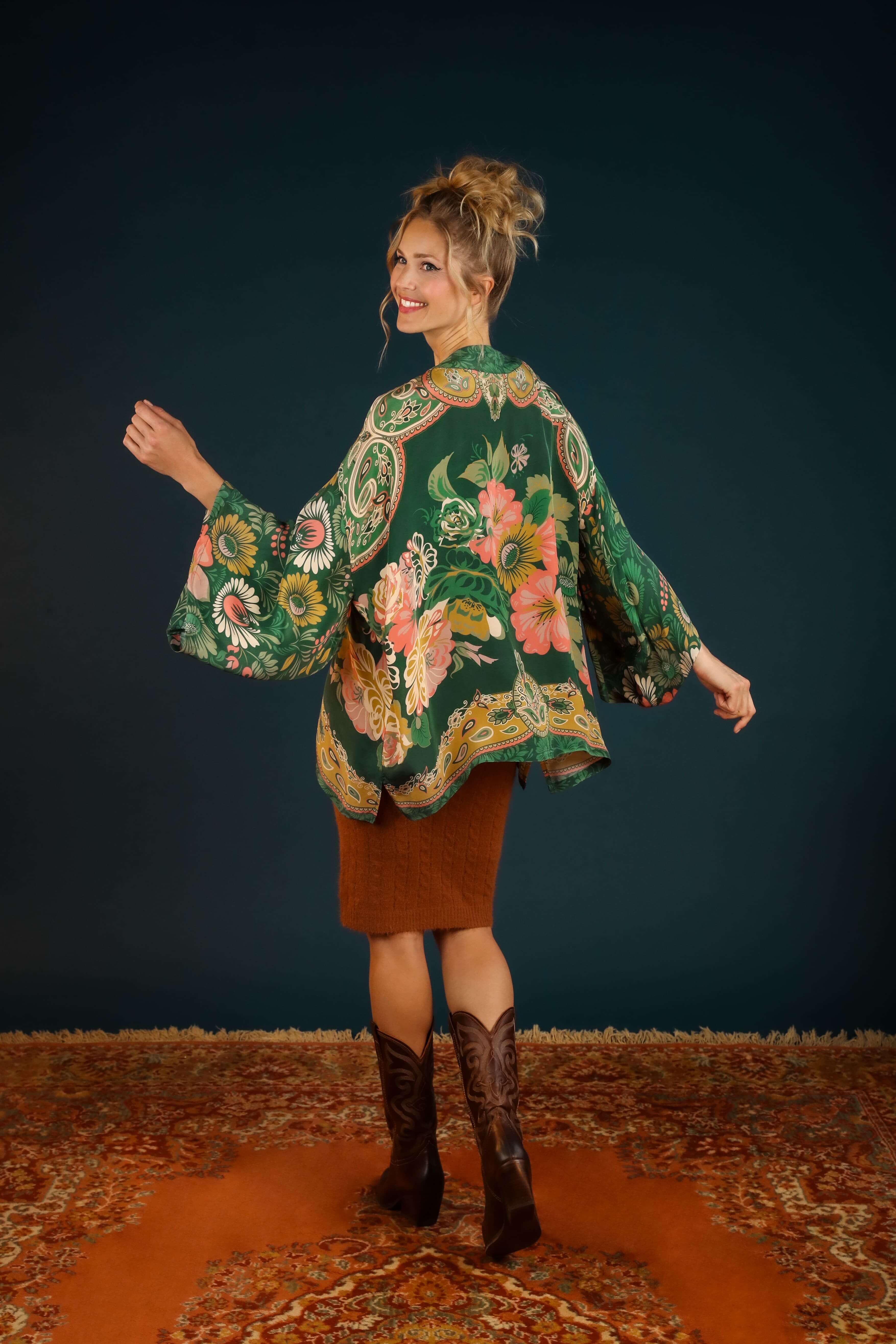 Luxury Kimono Jacket Folk Art Floral - Fern