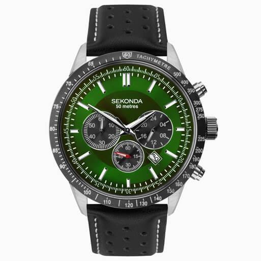 Silver Case with Green Dial & Leather Strap Men's Chronograph Watch