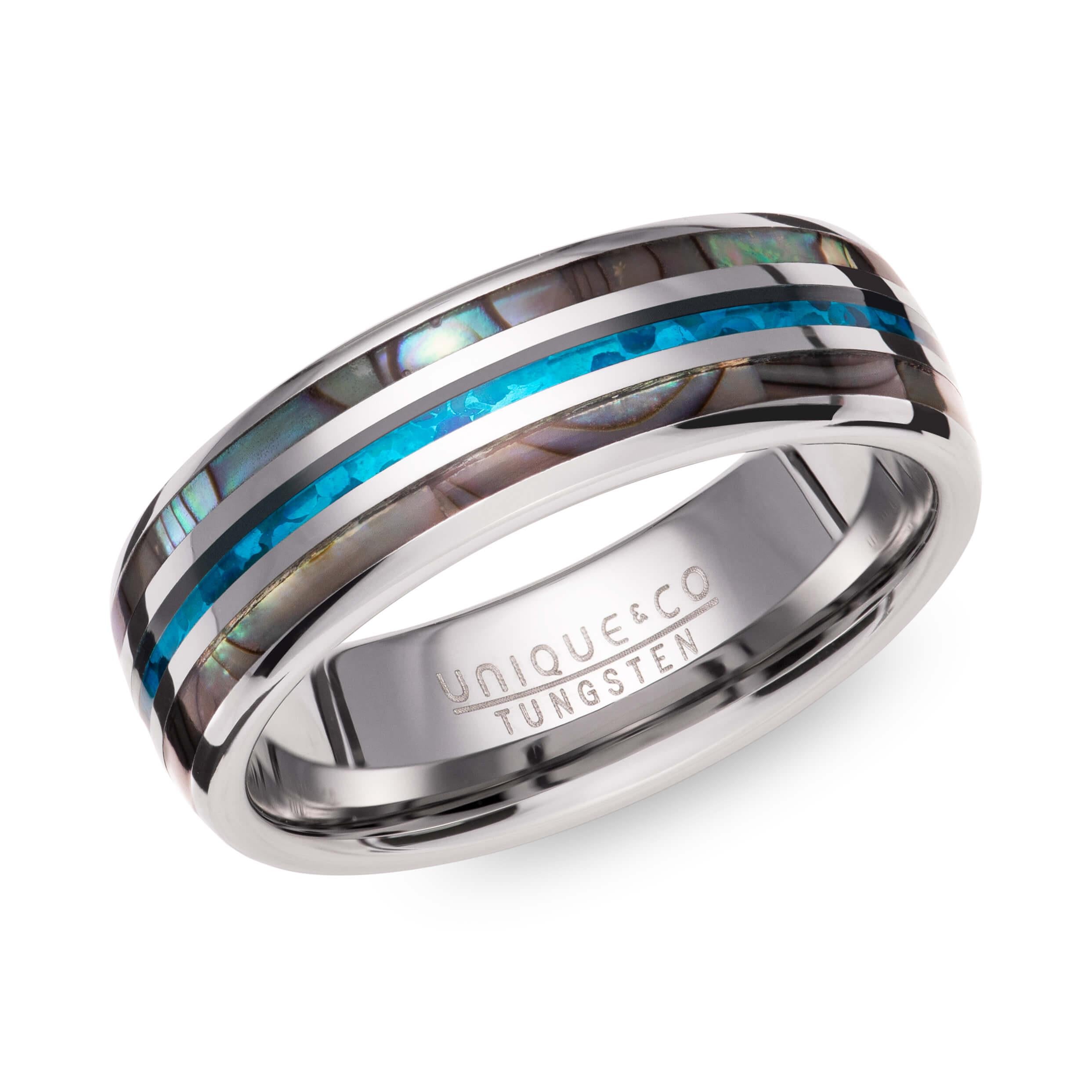 Abalone Shell & Blue Opal Replica Inlay Tungsten Carbide 7mm Ring