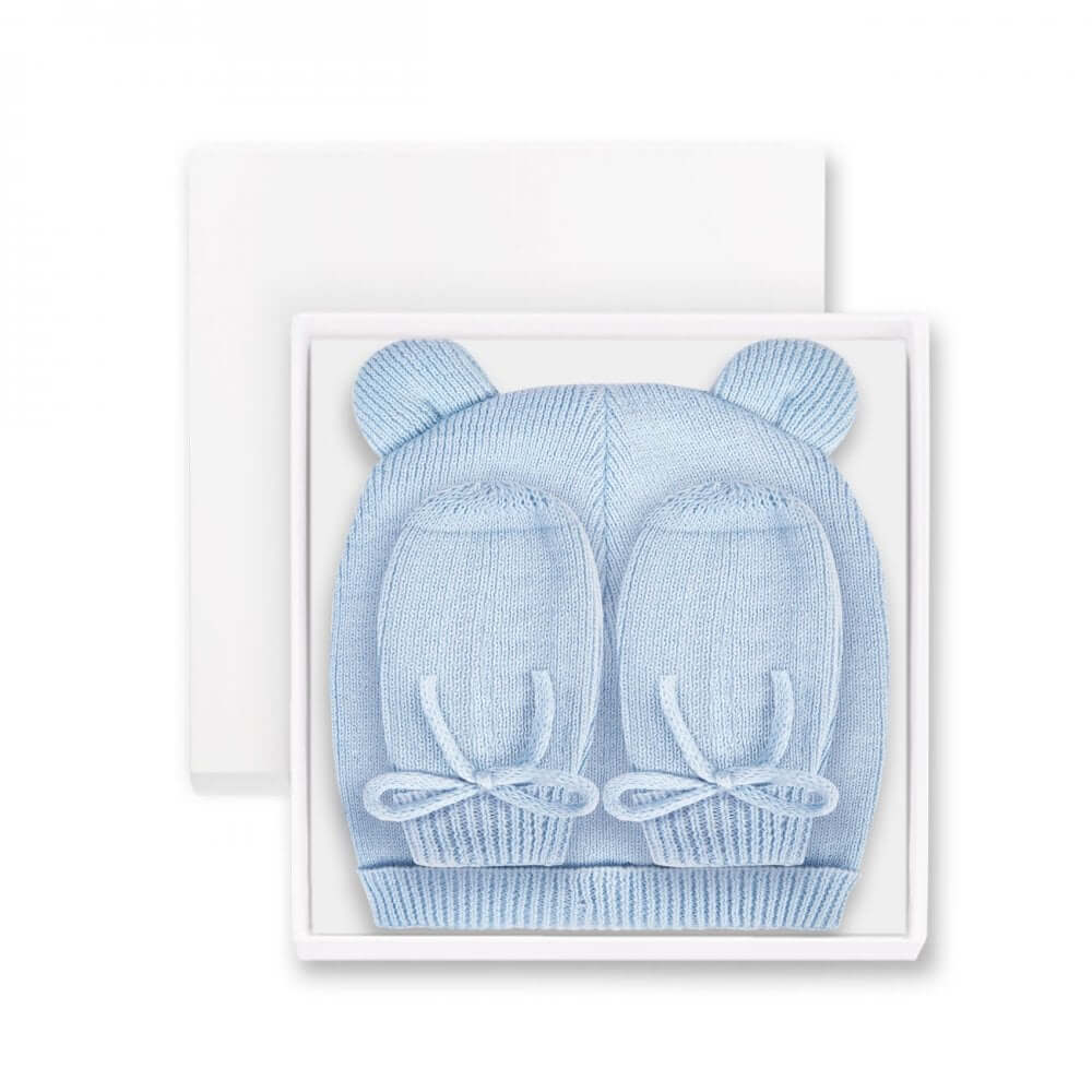 Beautifully Boxed Fine Knit Baby Hat And Mittens Set | Blue