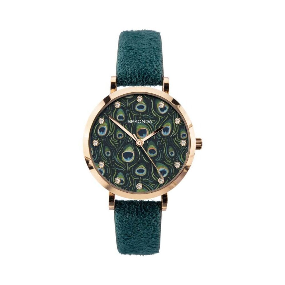 Rose Gold Plated Peacock Pattern Stone Set Dial With Dark Green Strap Ladies Watch