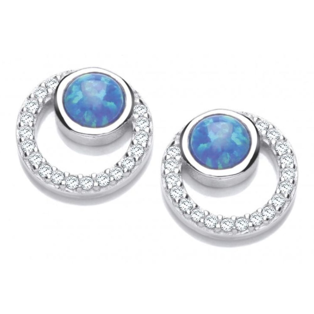 Silver CZ And Blue Opalique Circles Earrings