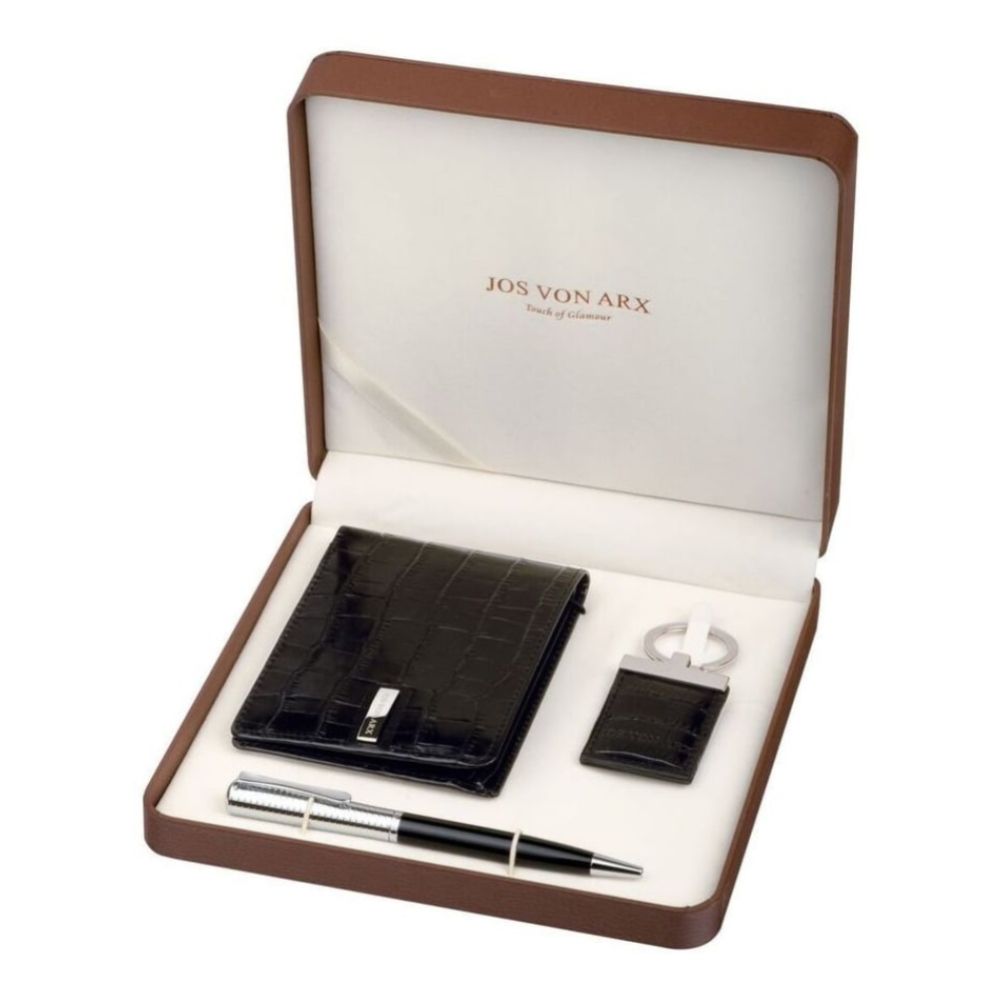 Men's Gift Set With Black Leather Wallet, Keying & Ball Point Pen