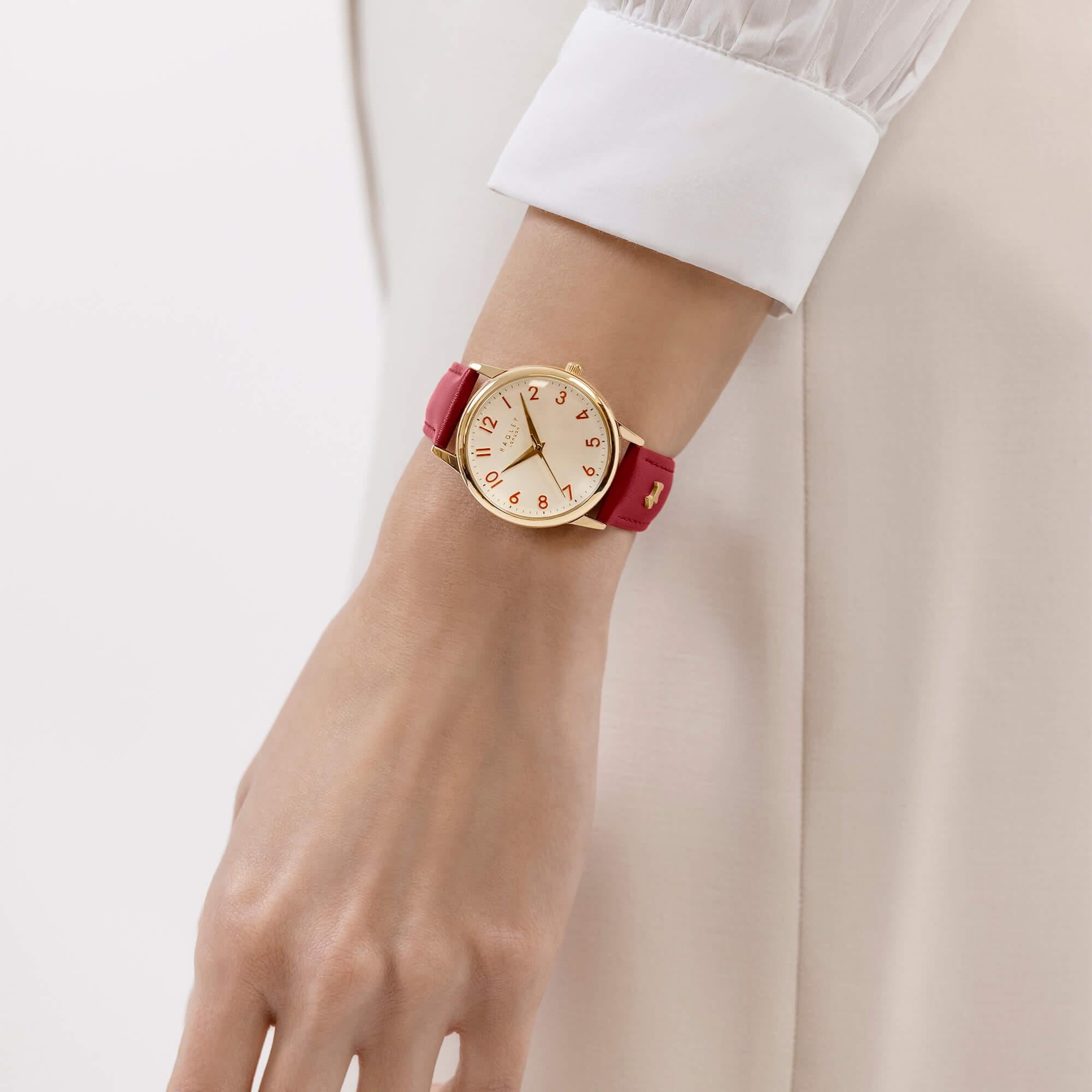 Gold Plated Red Leather Strap Watch