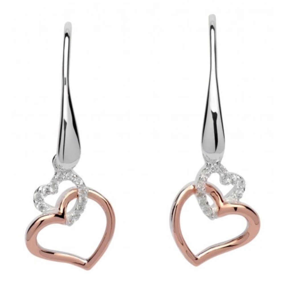 Sterling Silver 925 Earrings With Rose Gold Plating And CZ Double Heart
