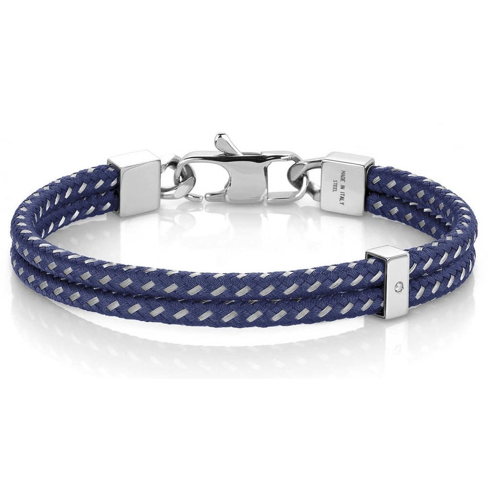 Tribe Stainless Steel, Fabric & CZ Blue Double Bracelet