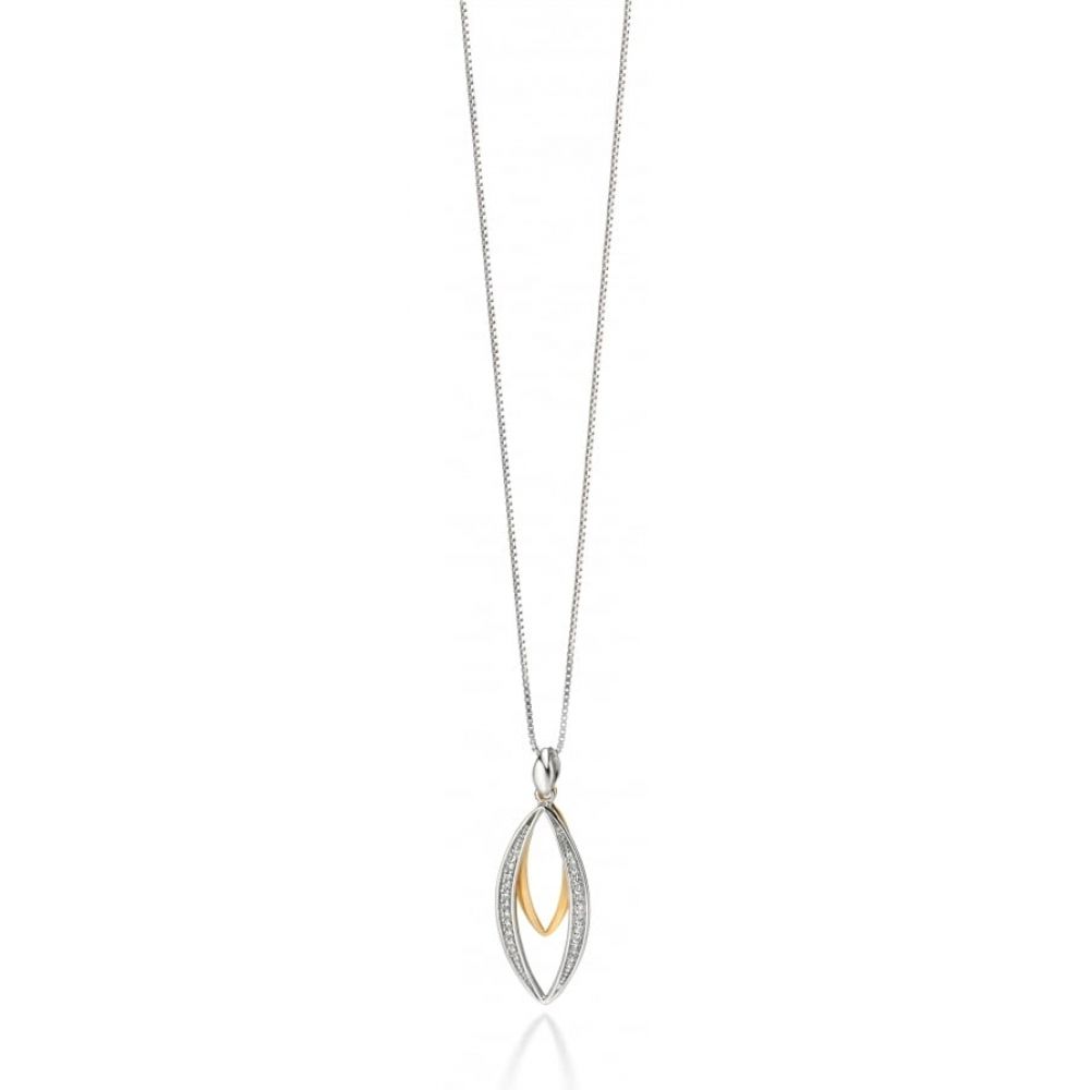 Silver & Yellow Gold Plated Double Marquise Pendant With CZ Pave