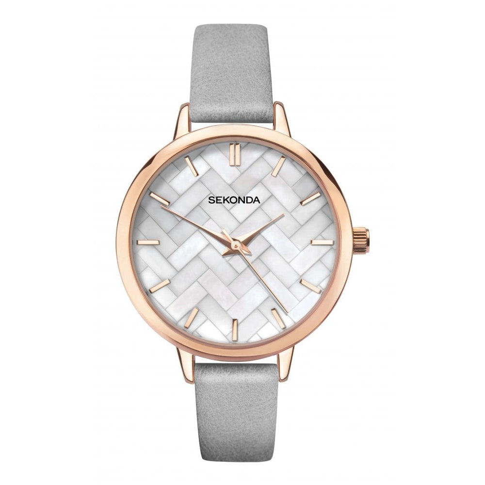 Rose Gold Plated Case With MOP Chequered Effect Dial & Grey PU Strap Ladies Watch