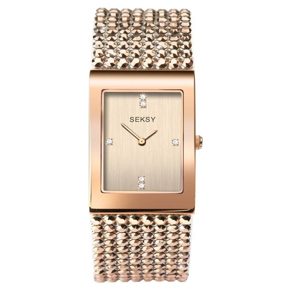 Shimmer Rose Gold Plated Case With Rose Dial & Beige Leather Strap With Crystals Ladies Watch