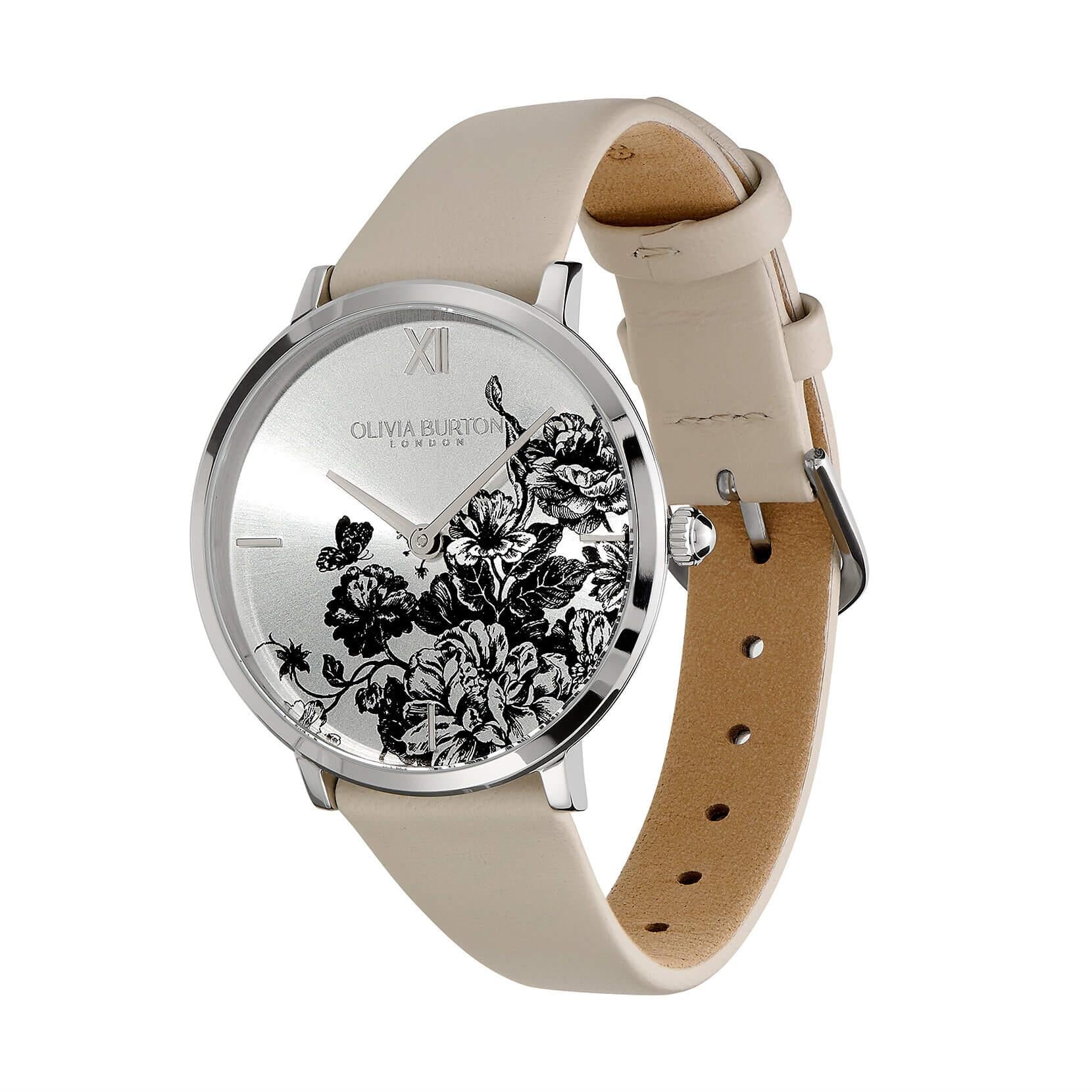Floral Blooms Ultra Slim Silver & Antique Pearl Leather Strap Watch