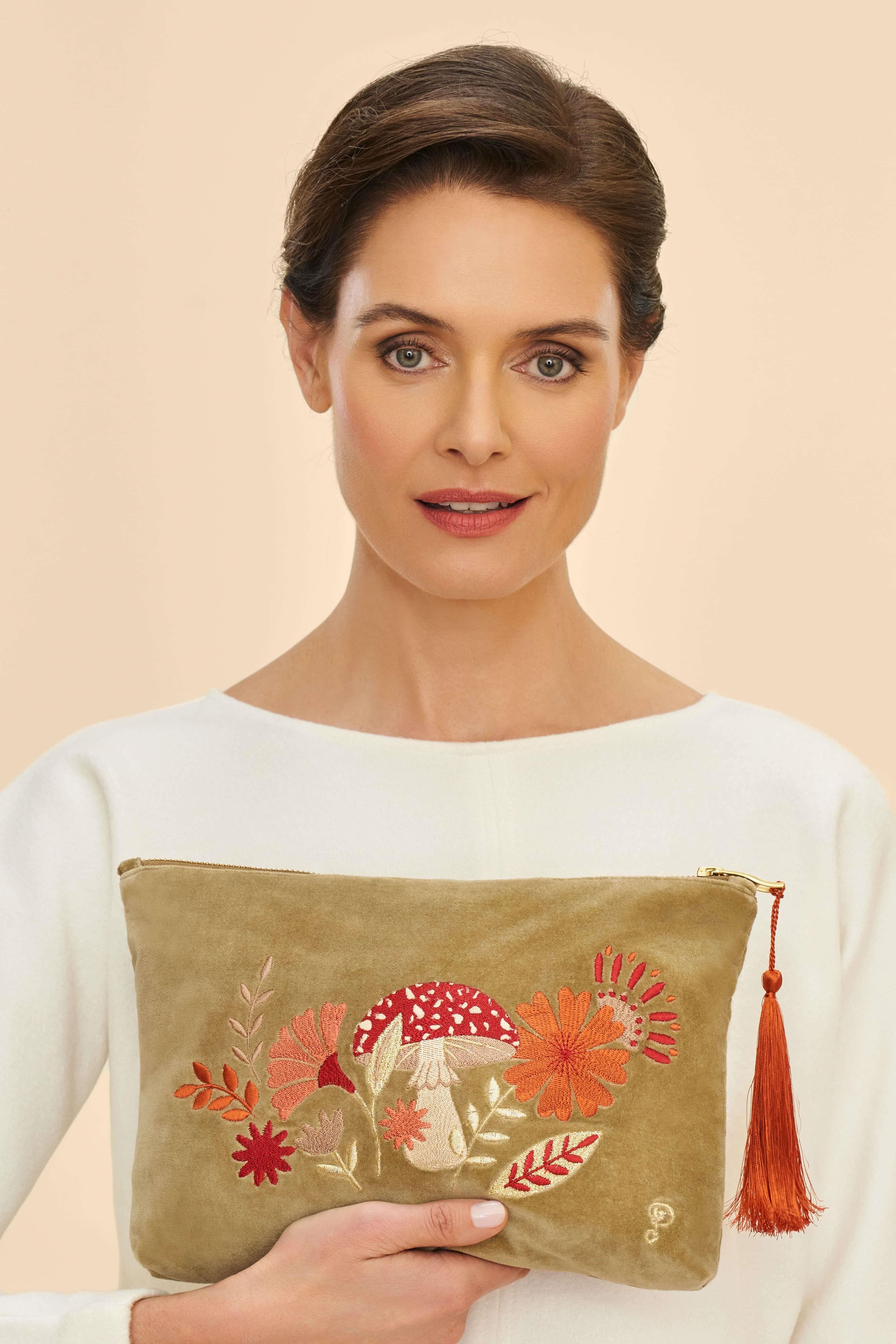 Velvet Embroidered Zip Pouch - Tranquil Toadstool, Sage