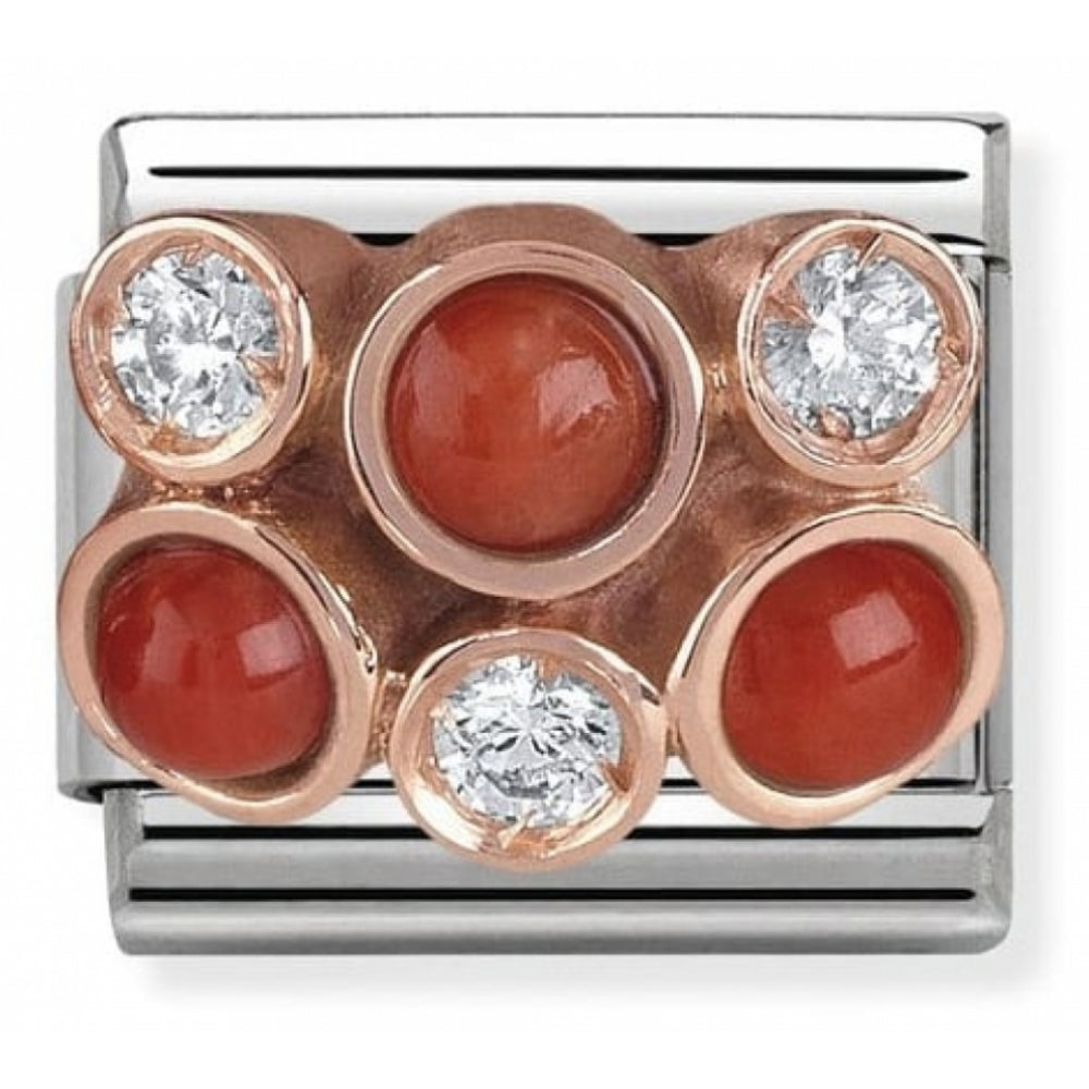 Classic Red Coral In Stainless Steel, Stones, Zirconia & 9k Rose Gold Cluster Charm