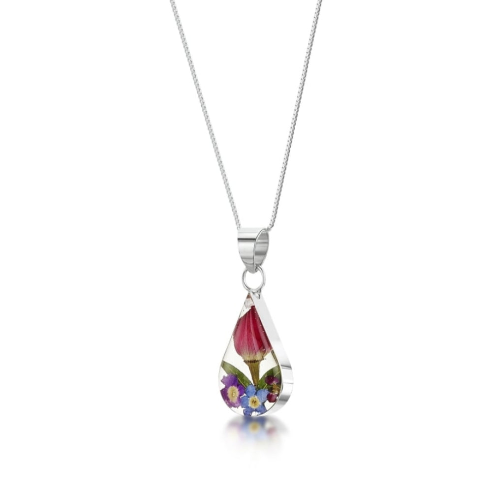 Silver Pendant - Mixed flower - Teardrop