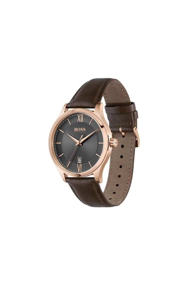 Elite Gold Grey Dial With Brown Leather Strap Gents Watch