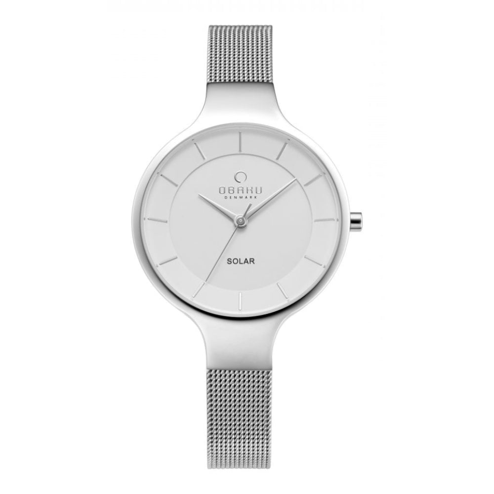 GRY - TEMP Stainless Steel Mesh Strap & Case With White Dial Solar Movement Ladies Watch