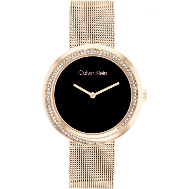 Twisted Bezel Black Dial RG Tone Mesh Strap Watch