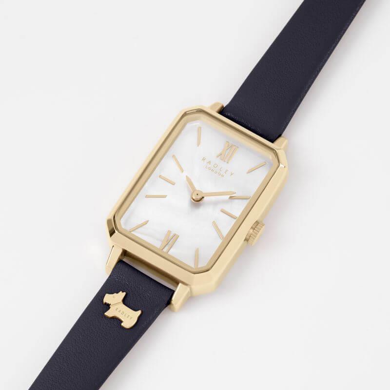 Ladies Rectangle Pale Gold Plated Ink Strap Watch