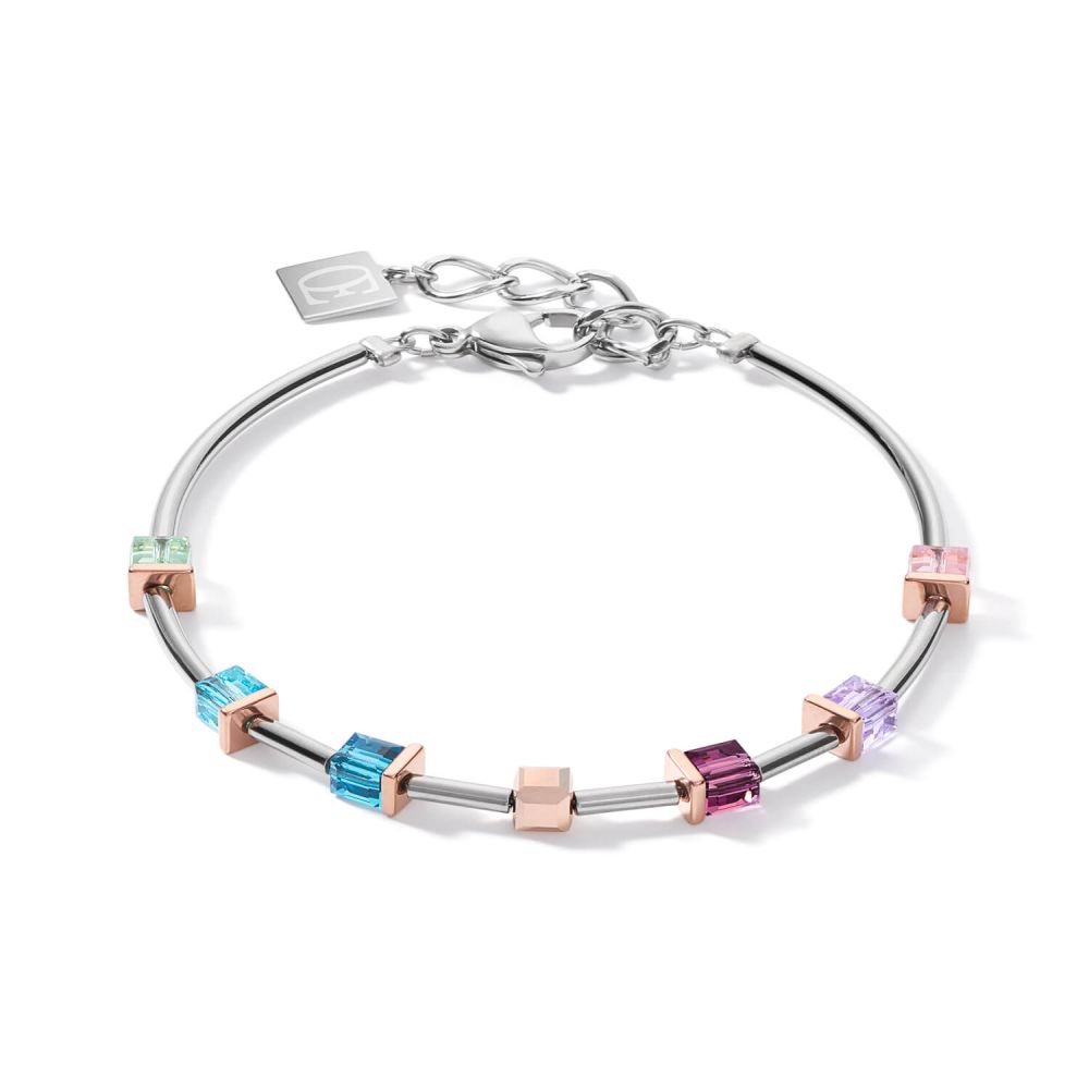 Rose Gold-Silver Geo Cubes With Multicolour Art Nouveau Steel Bracelet