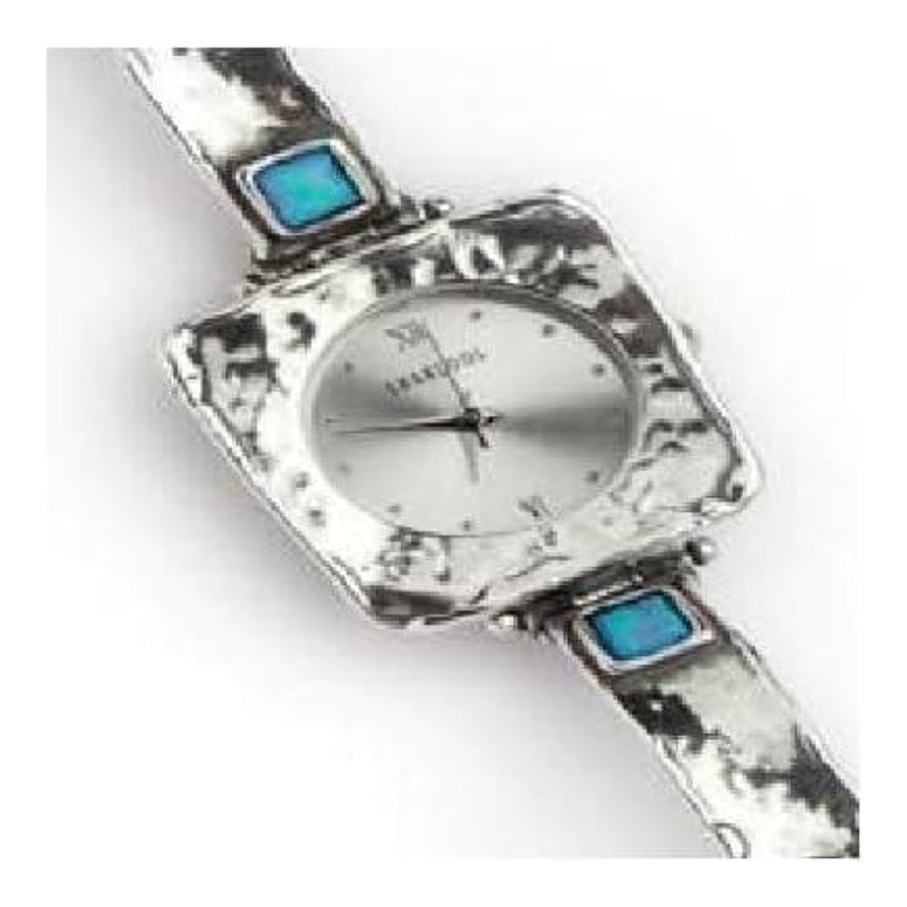Ladies Handmade Silver Watch With Square Case With Opal Stones