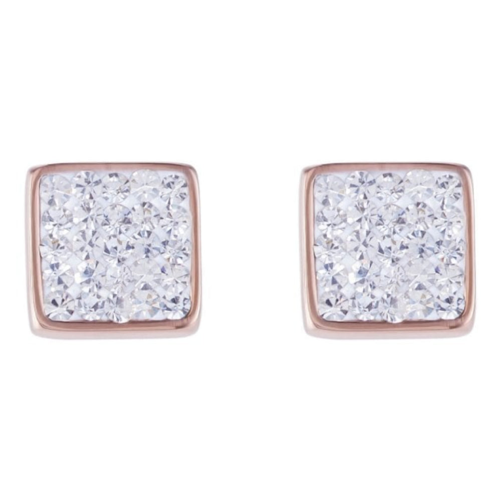 Rose Gold Tone Square Earrings with Stickpin & Clear Pave Set Crystals