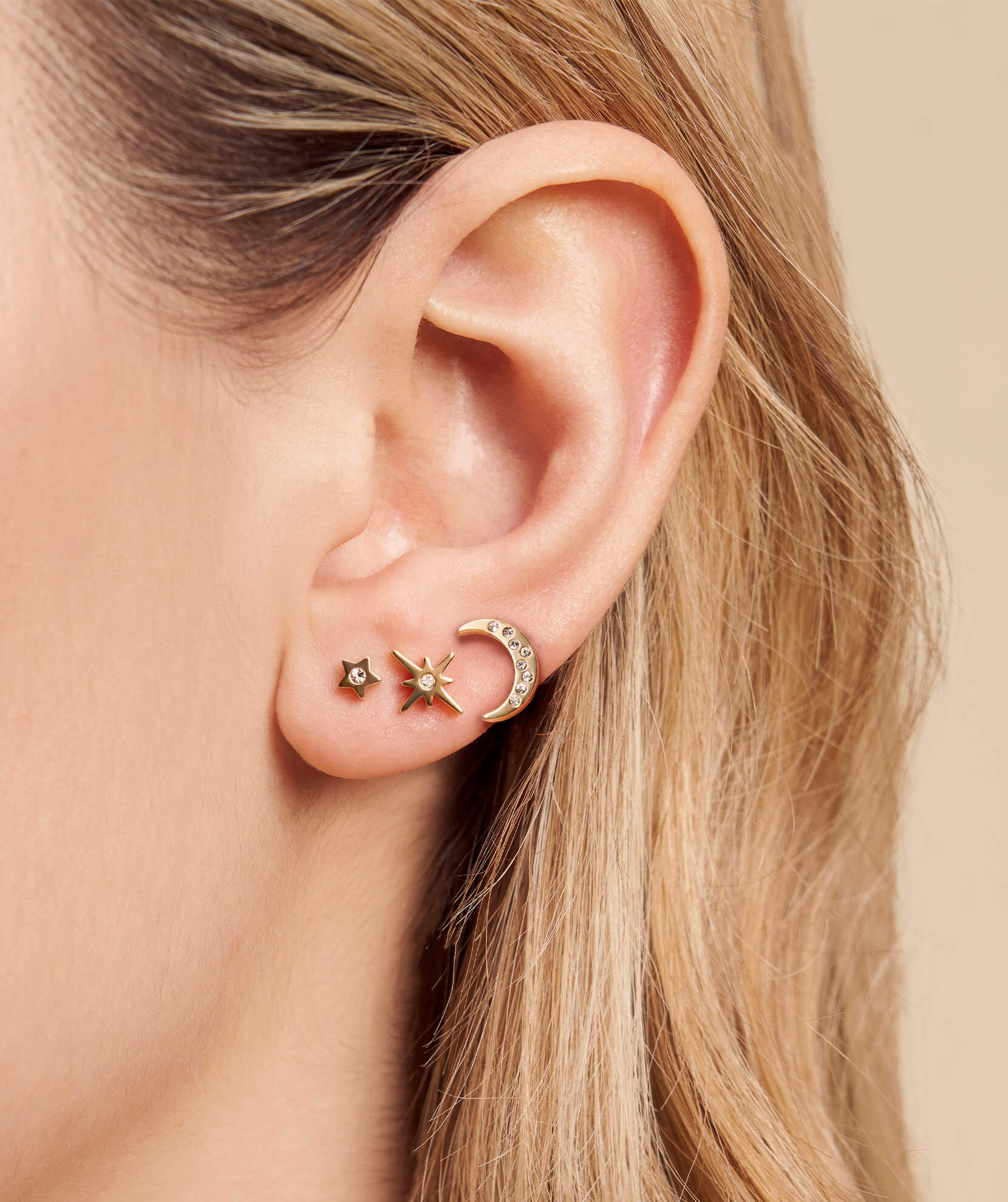 Celestial North Star & Moon Gold Stud Earrings Set