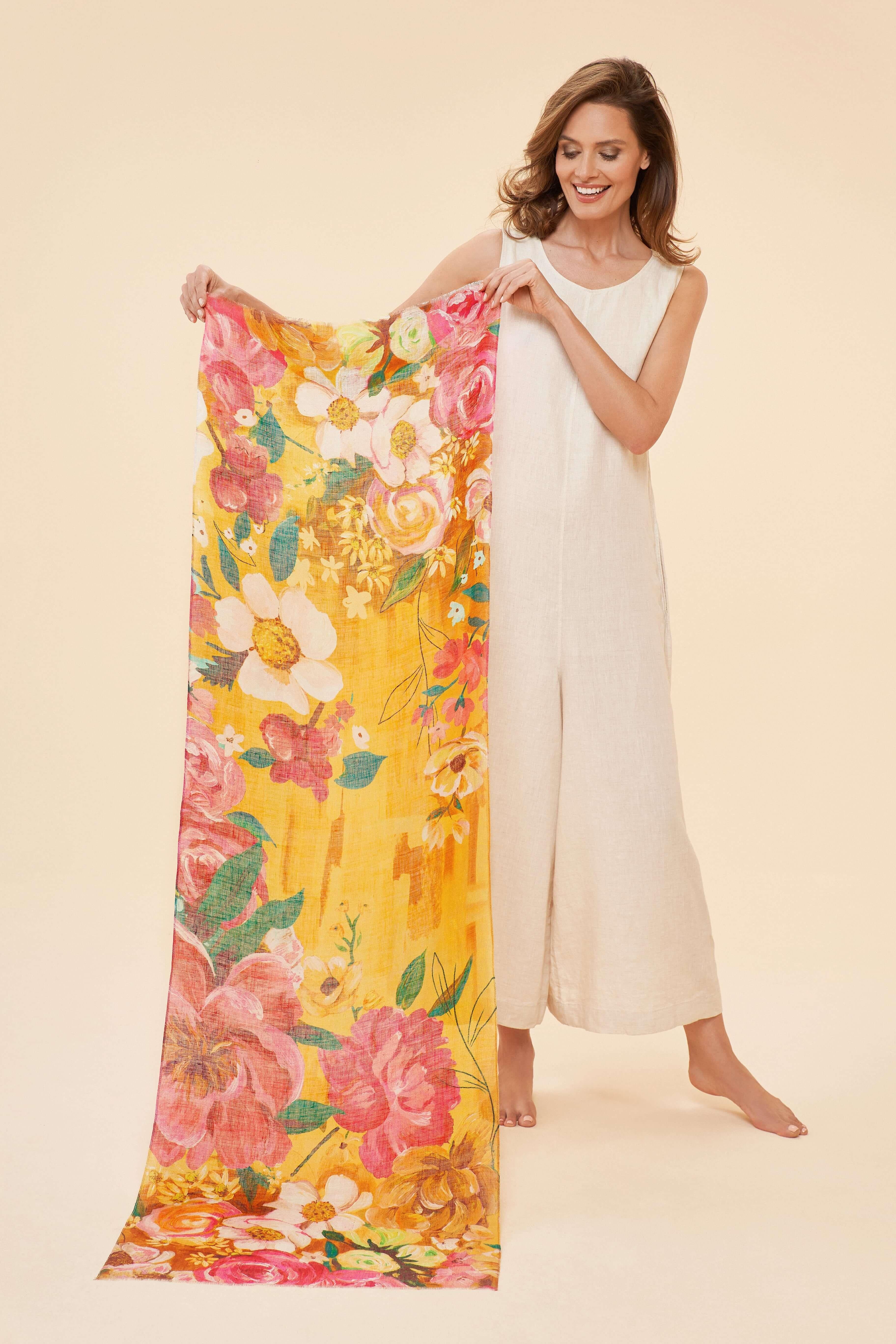 Impressionist Floral - Mustard Linen Print Scarf