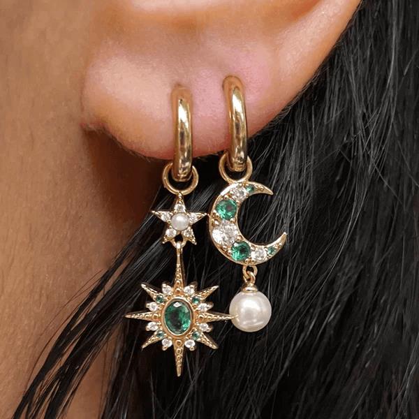Luna Mismatch Moon & Star Huggies In Emerald CZ & Gold