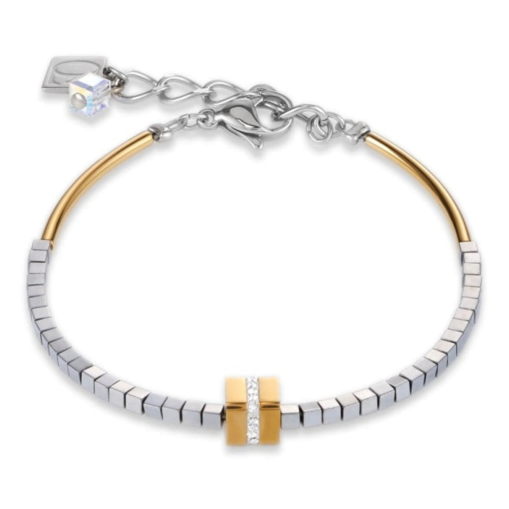 Gold Cube Pendant Haematite Silver Bracelet