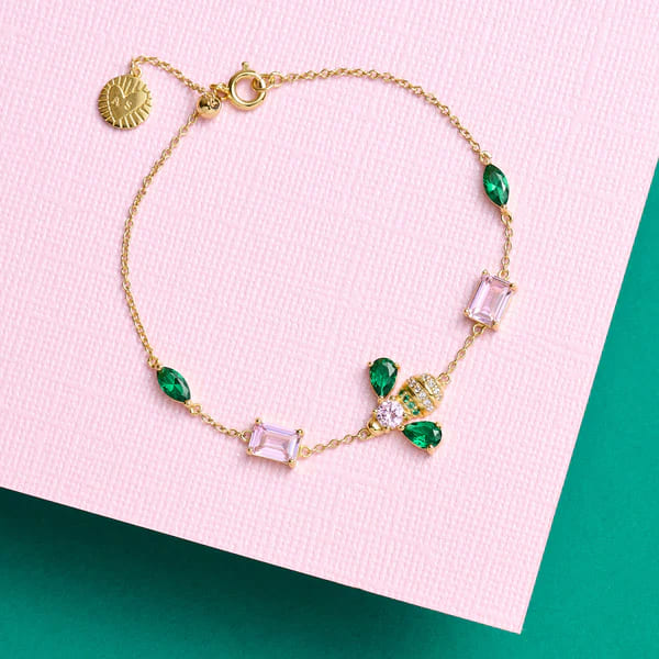 Beatrice Jewelled Bee Chain Bracelet In Blush Pink, Emerald Green & Gold